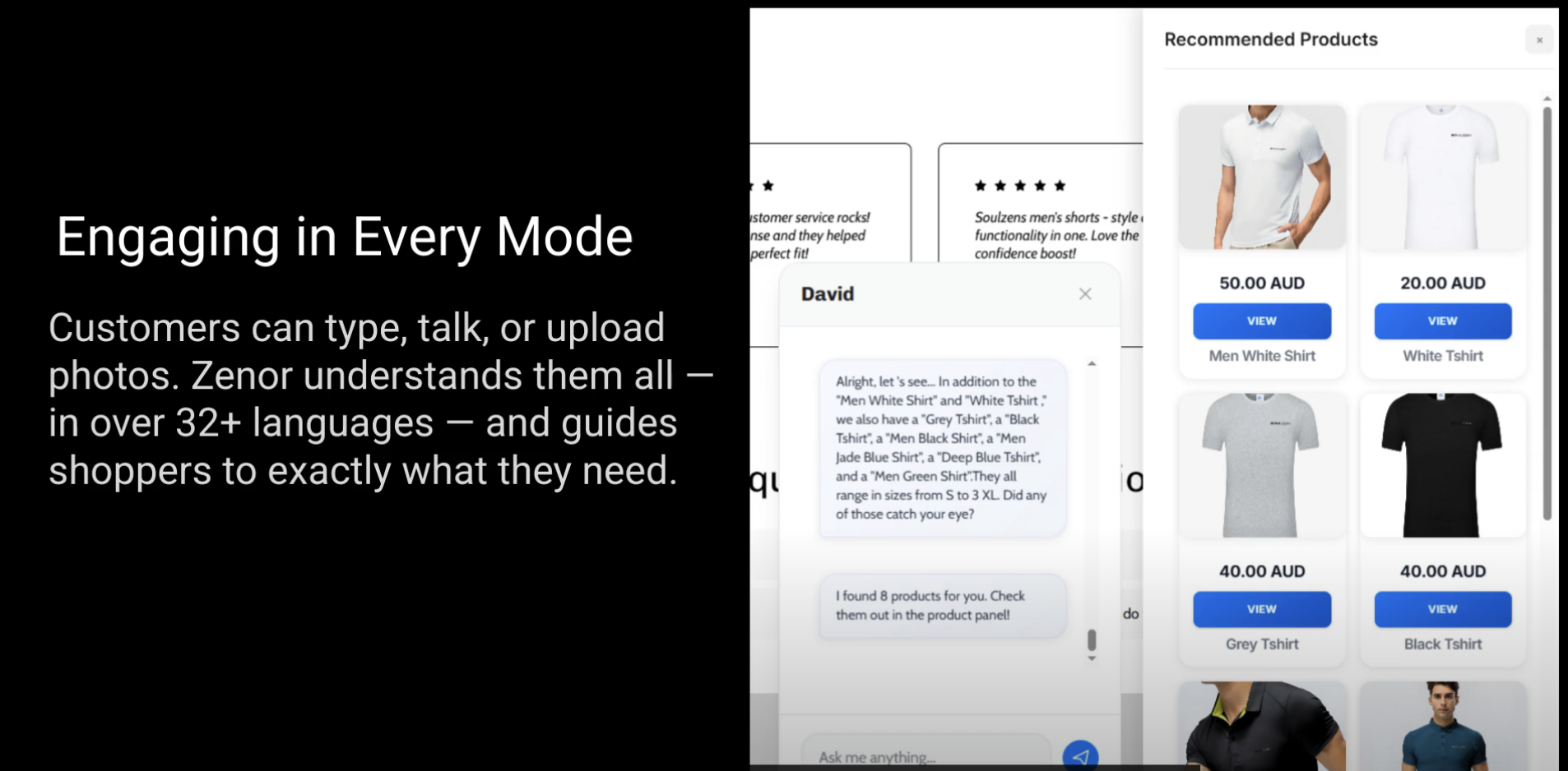 Zenor AI Interactive Demo - See multimodal AI chat with product recommendations